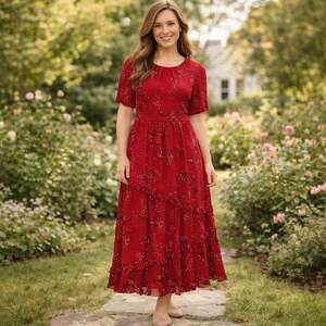Madewell Red Windpoppy Tiered Ruffle Midi Dress Size 2 Boho Floral